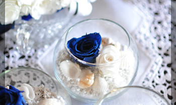 プリザーブドフラワー　ナチュラル　可愛い　プレゼント 豪華 上品 おしゃれ　造花　ブルー　白　夏　貝　ガラス