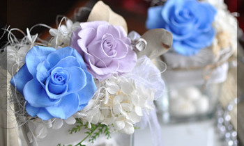 プリザ　プリザーブドフラワー　白　ブルー　夏アレンジ　貝