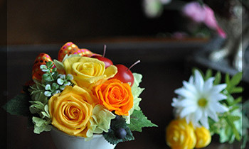 プリザ　プリザーブドフラワー　造花　フラワーアレンジ　オレンジ　手づくり　ペット供養