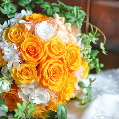 プリザ　プリザーブドフラワー　ウェディングブーケ　ラウンド　オレンジ　ナチュラル