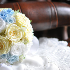 プリザ　プリザーブドフラワー　ウェディングブーケ　ラウンド　黄色　青