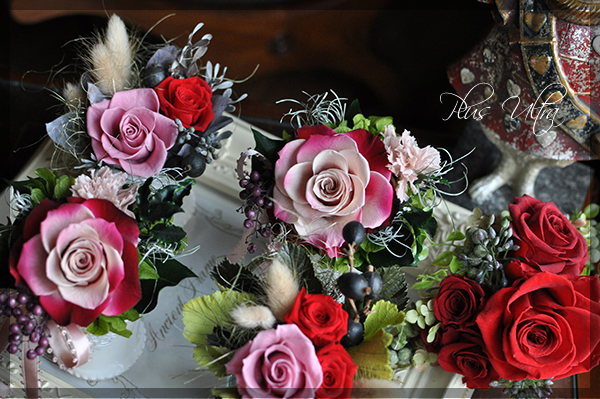 プリザ　プリザーブドフラワー　レッスン　フレーム　アンティーク　おしゃれ　ダークレッド　赤　渋い