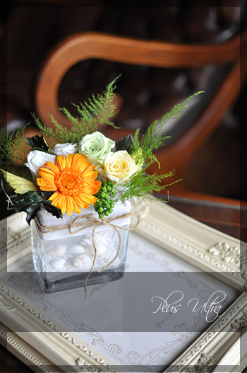 プリザ　プリザーブドフラワー　レッスン　フラワーアレンジ　豪華　黄色　オレンジ　夏　貝