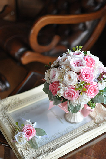 プリザ　プリザーブドフラワー　ウェディングブーケ　ラウンド　ピンク　ナチュラル　オールドローズ