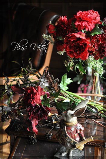 造花　レッスン　フラワーアレンジ　豪華　ダーク　赤　アイアン　大型　横長