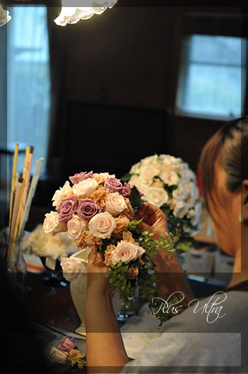 プリザ　プリザーブドフラワー　ウェディングブーケ　キャスケードブーケ　シック　紫　資格コース