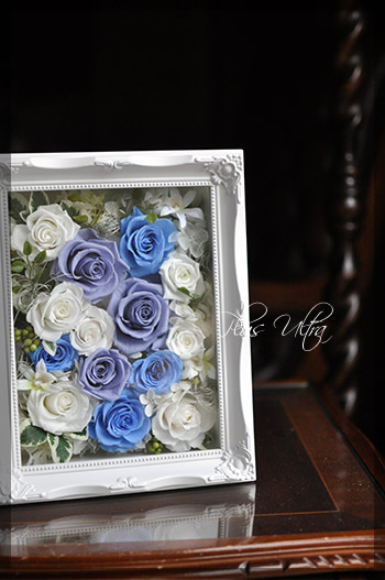 プリザ　プリザーブドフラワー 　フォトフレーム　白ブルー　開店祝い　プレゼント